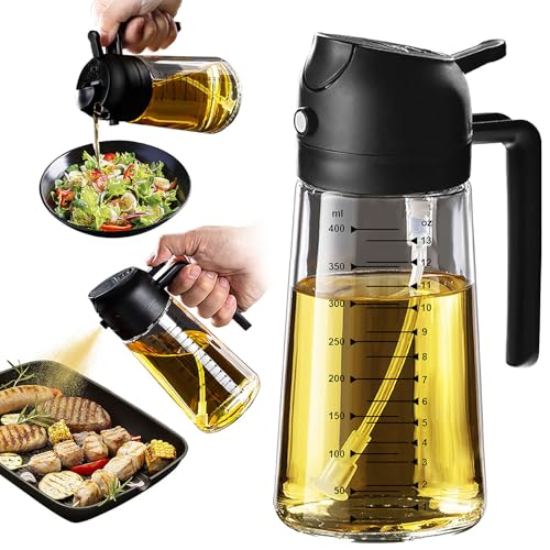 TrendPlain 16oz/470ml Glass Olive Oil Sprayer for Cooking – 2 in 1 Olive Oil Dispenser Bottle for Kitchen Gadgets and Air Fryer Accessories, Salad, BBQ - Black