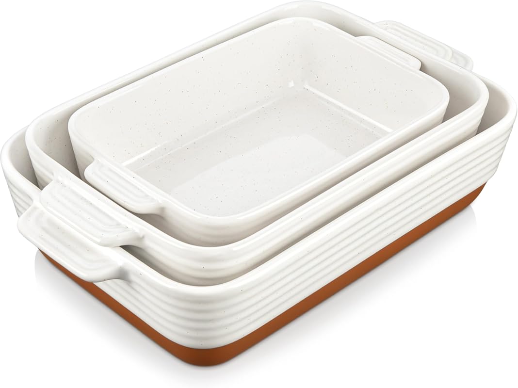 Ceramic Baking Dish Set of 3 Rectangular Lasagna Pans with Handles Kha